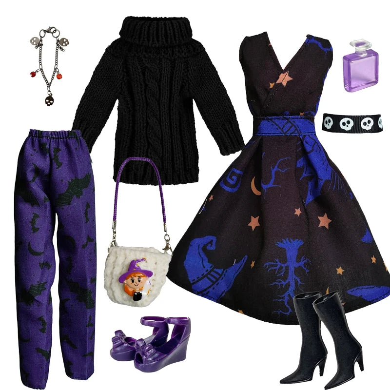 1/6 Doll Halloween Cosplay Outfit – Witch Dress, Cap, Belt, Bag & Broom for 12" BJD / 30cm Dolls