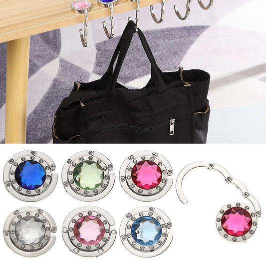 Portable Diamond Folding Bag Hook - Metal Foldable Handbag Hanger for Tables, Elegant Purse Table Hook, Compact Desk Accessory