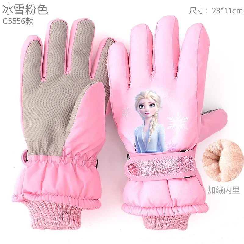 Hasbro Princess Elsa Finger Ski Gloves - Cute Kawaii Velvet, Thickened & Waterproof Gloves for Girls, Warm Winter Kids Gloves