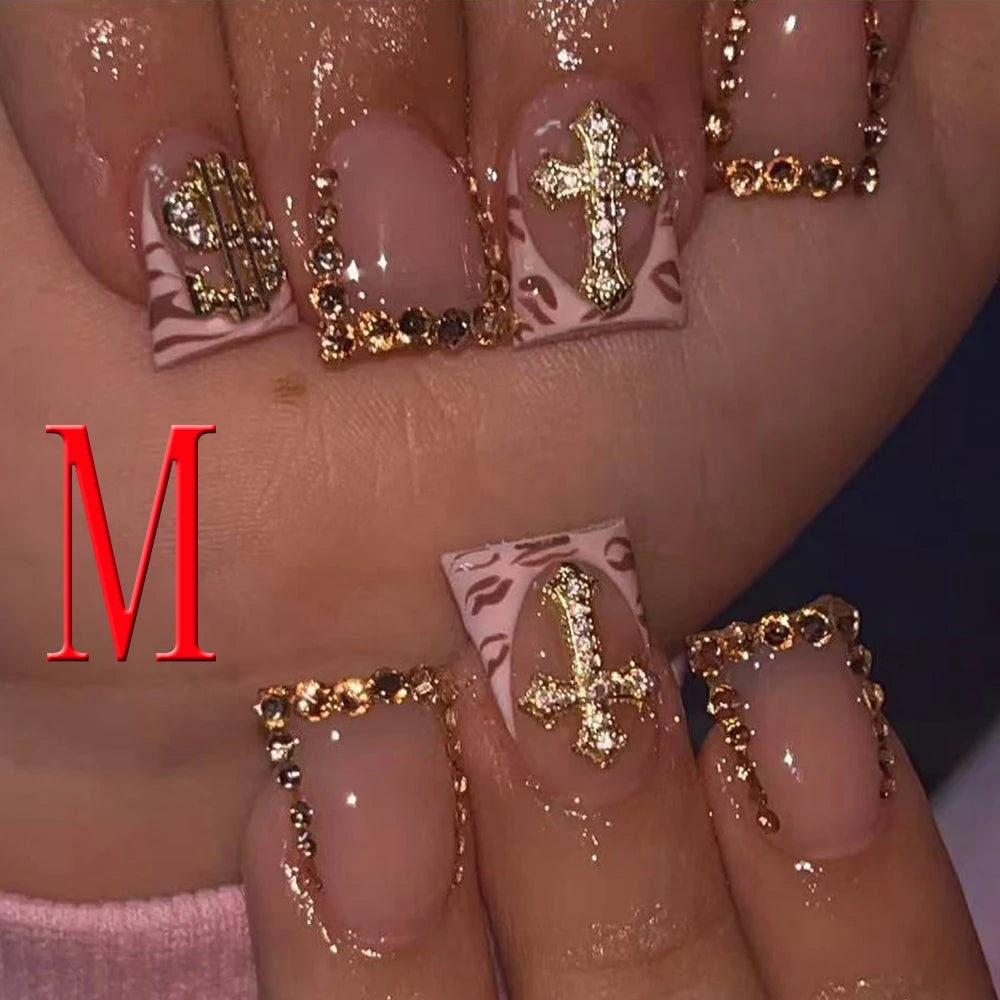 10PCS French Tip Press-On Nails - Short Square Nude Gold Glitter Leopard Nail Set