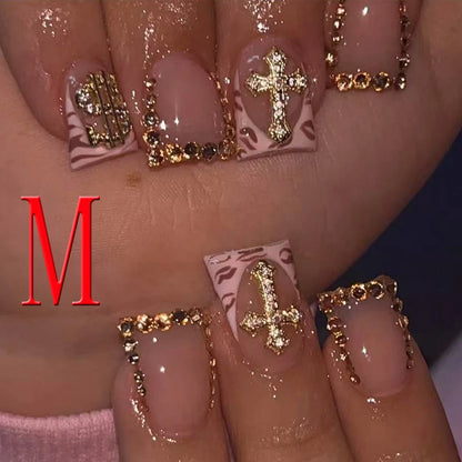 10PCS French Tip Press-On Nails - Short Square Nude Gold Glitter Leopard Nail Set