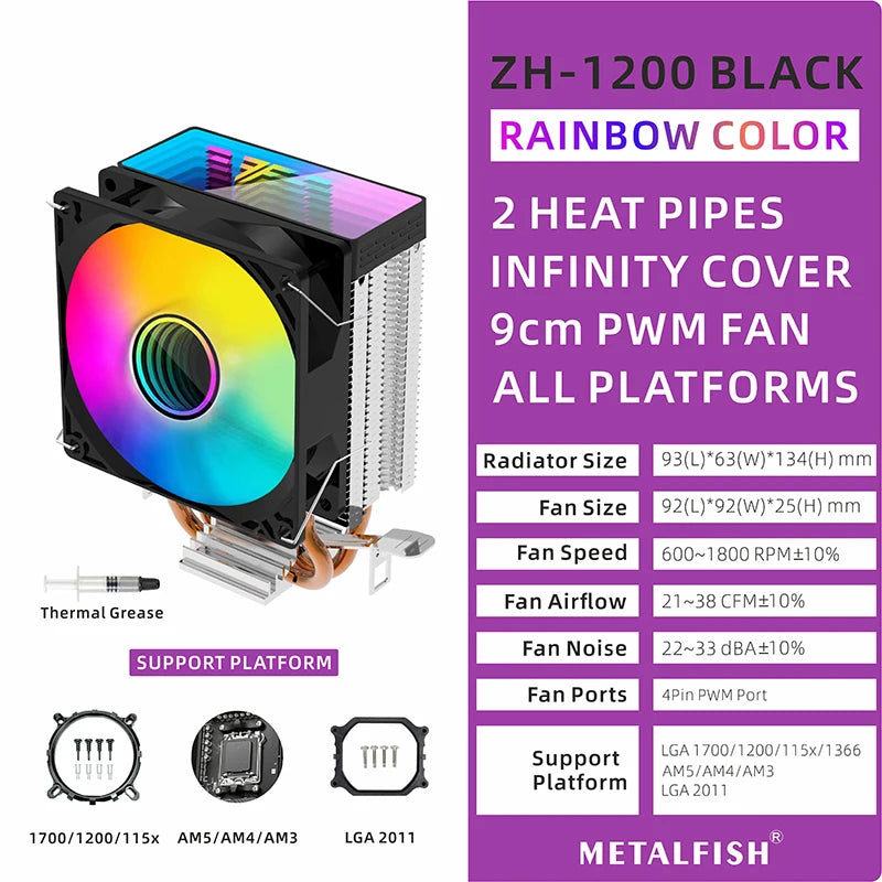 METALFISH ZH1200 CPU Cooler — 2 Heatpipe ARGB Radiator with 4-Pin PWM Silent Fan for Intel LGA 1700/1200/115X/1366/2011 & AMD AM5/AM4/AM3