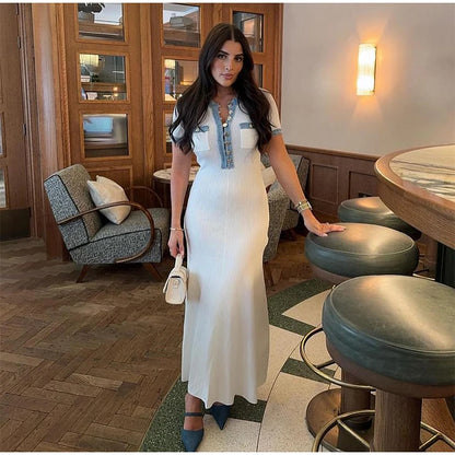 Elegant Denim Patchwork Knitted Long Dress – Women’s V-Neck Short Sleeve Bodycon with Buttons & Pockets