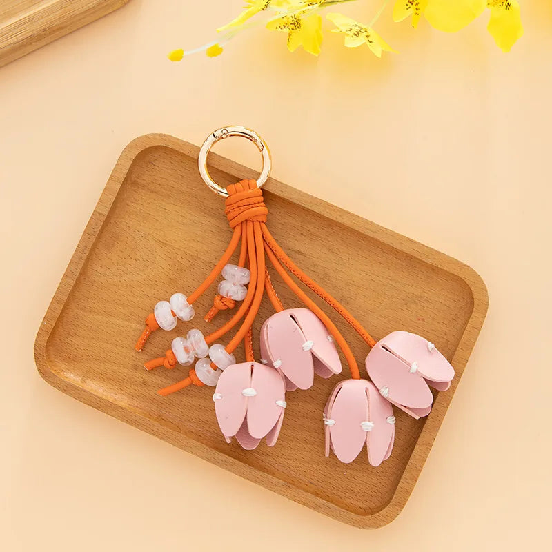 Genuine Leather Flower Bag Pendant Keychain – Original Handmade Osmanthus & Tulip Design, Exquisite Floral Charm for Bags & Accessories