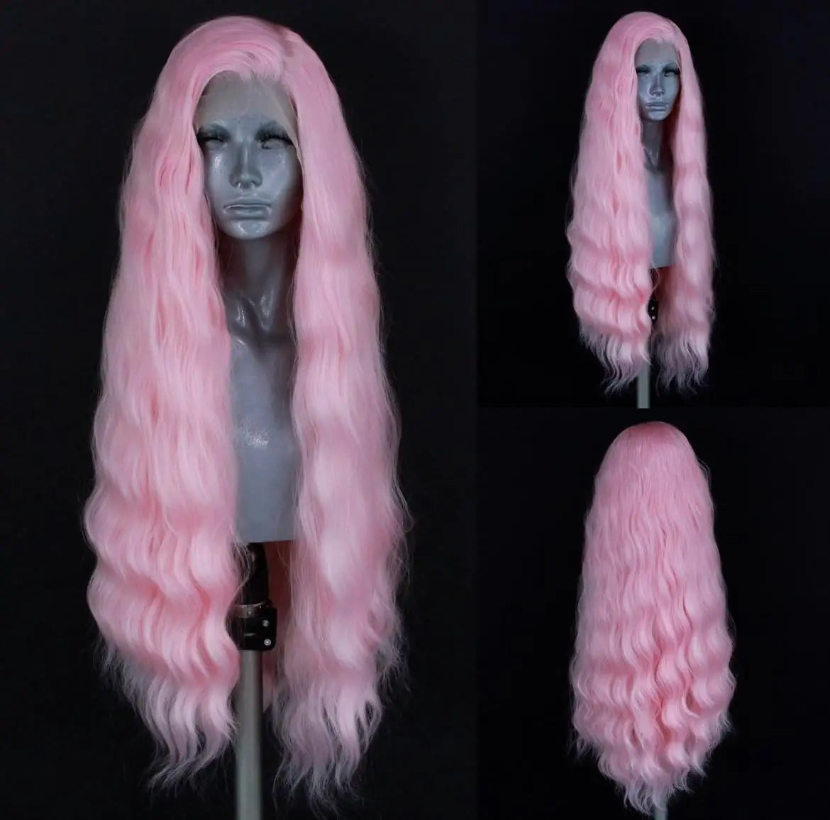 Platinum Blonde Wave Lace Front Wig – Long Synthetic Wigs for Women, Natural Loose Curl Cosplay in White, Black & Pink