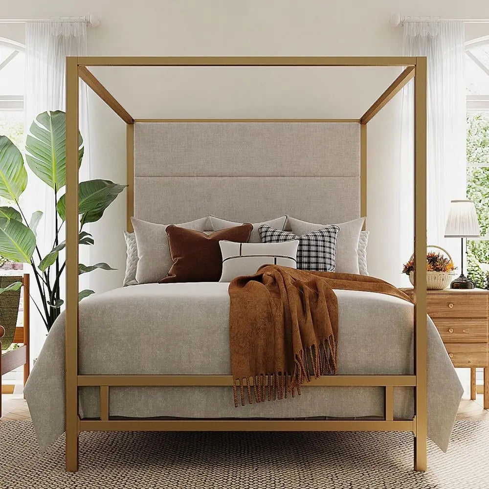 Modern King Size Canopy Bed Frame - Tall Linen Upholstered Headboard Metal 4-Poster Bed with Gold & Tan Design