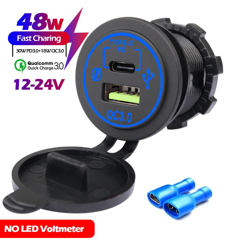 48W Quick Charge 3.0 Waterproof USB Car Charger 12V/24V PD Type-C + QC3.0 Dual USB Fast Charging Socket with LED Voltmeter for Cars, Trucks & Boats
