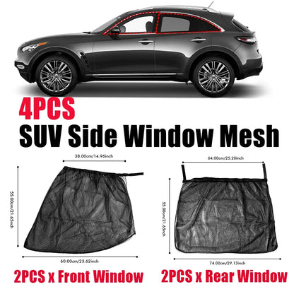 4PCS Car Window Sun Shade Mesh Set – UV Protection Curtain Covers for SUV Front, Rear & Side Windows, Anti-Mosquito Sunshade Net Auto Accessories