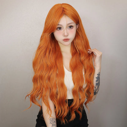 Long Orange Water Wave Wig for Women — Synthetic Wavy Hair with Bangs, Heat-Resistant for Cosplay & Party