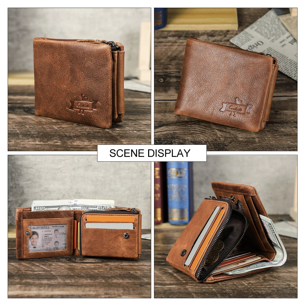 CONTACT'S Genuine Crazy Horse Leather Trifold Wallet – Vintage Men's Cowhide Wallet with Zip Coin Pocket