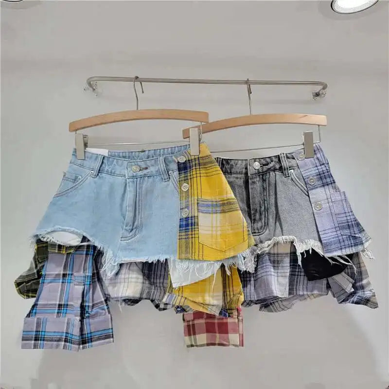 DEAT Women’s Denim Mini Skirt — Colored Plaid Patchwork Irregular A-Line, High Waist Summer 2025 Fashion Skirt