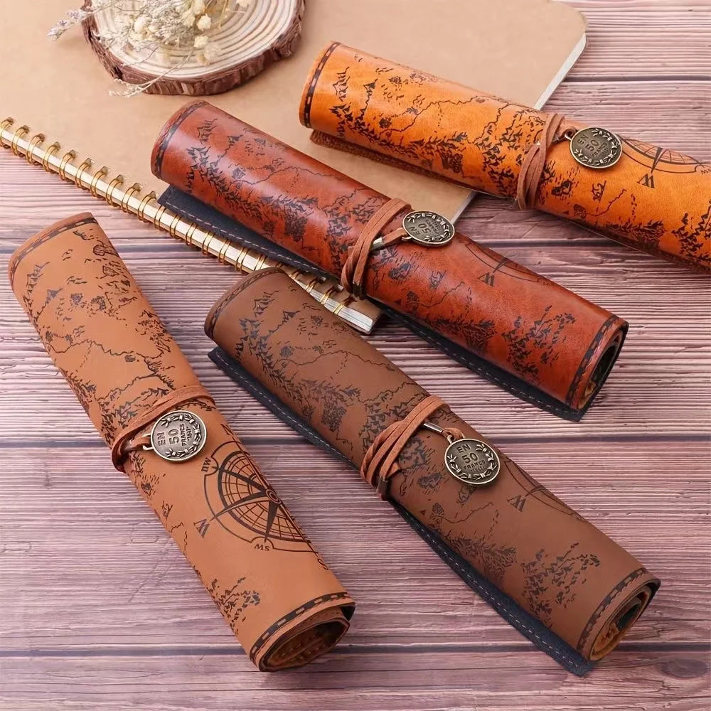 Creative Retro Leather Pencil Case – Large Capacity Roll-Up Bag with Embossed Treasure Map & Buckle Closure