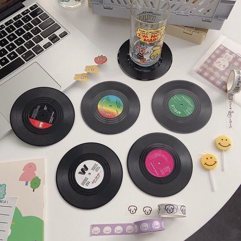 2/4/6PCS Retro Vinyl Record Drink Coasters | Anti-Slip Heat Resistant Mug Mats | Music-Themed Coffee Table Placemats Decor