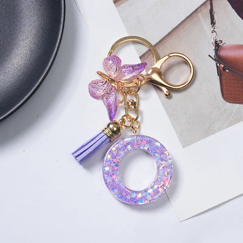 A-Z Initial Letter Sequin Keychain - Purple Butterfly Tassel Resin Keyring Backpack Charm Gift
