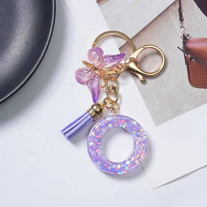 A-Z Initial Letter Sequin Keychain - Purple Butterfly Tassel Resin Keyring Backpack Charm Gift