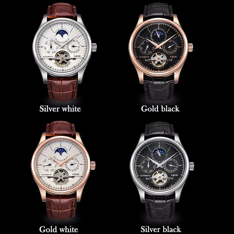 LIGE Men's Automatic Mechanical Tourbillon Watch - Waterproof Genuine Leather Military Wristwatch
