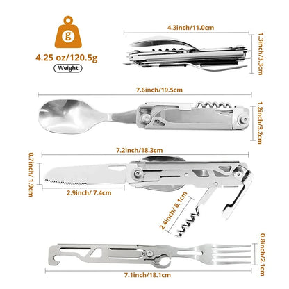 Folding Camping Cutlery Set – Multi-Function Portable Knife, Spoon, Fork, Bottle & Can Opener for Picnic & Outdoor Equipment