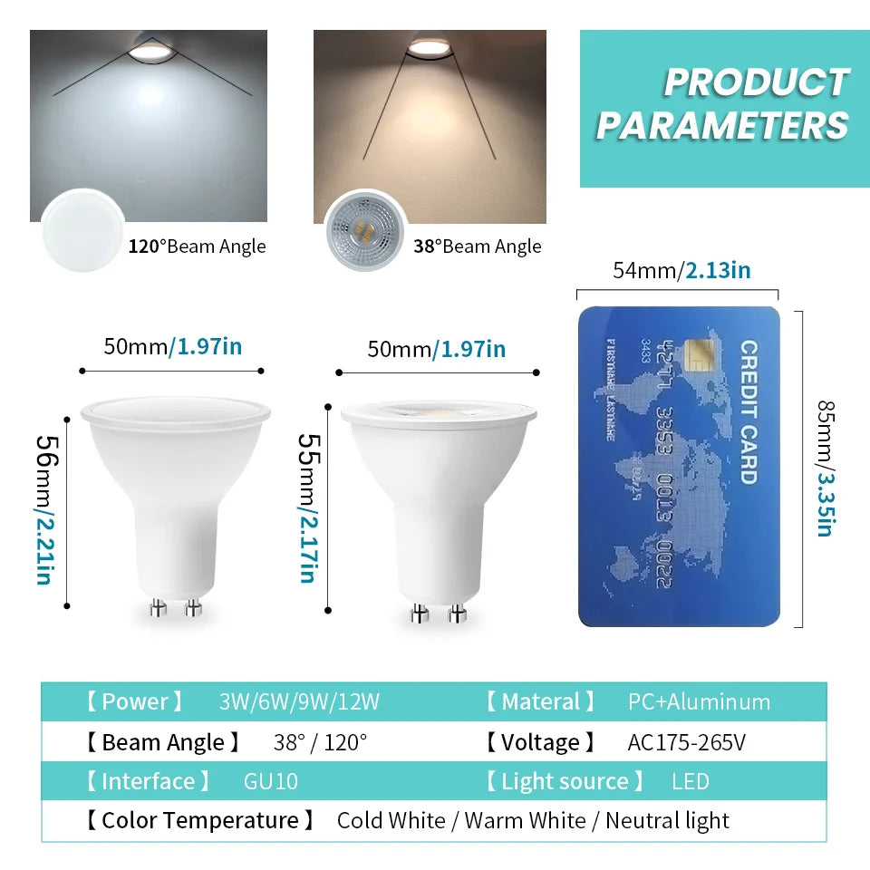 6PCS GU10 LED Spotlights AC175–265V – 3W/6W/9W/12W No Flicker Bulbs, 120°/38° Beam, Halogen Replacement
