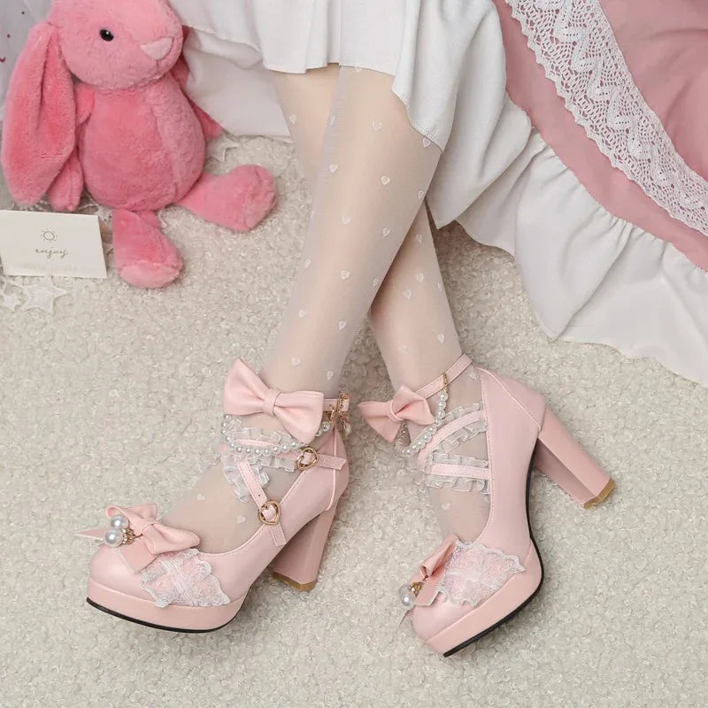 Women’s Cross Strap Mary Jane High Heels – Party, Wedding, Cosplay Lolita Pumps in White, Pink, Black, Strawberry Bow 2025