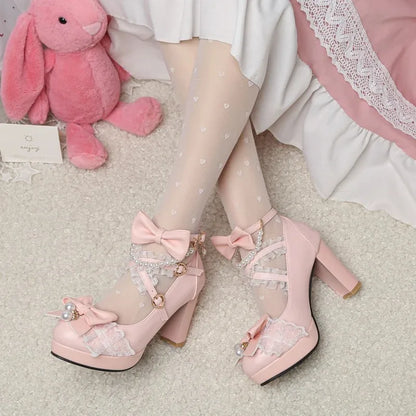 Women’s Cross Strap Mary Jane High Heels – Party, Wedding, Cosplay Lolita Pumps in White, Pink, Black, Strawberry Bow 2025