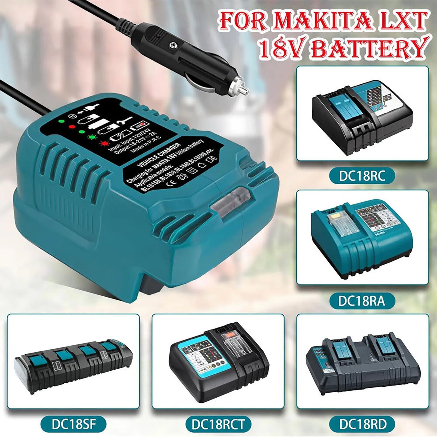 DC 12V/24V Mini Car Charger – Compact Li-ion Cigarette Lighter Plug with LED for Makita 18V LXT Batteries BL1860 & BL1830