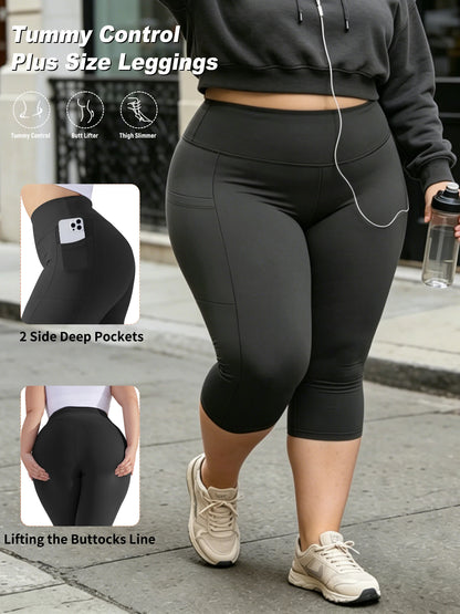 Women's Plus Size Capri Leggings - High-Waist Tummy Control Stretch Yoga Pants with Pockets