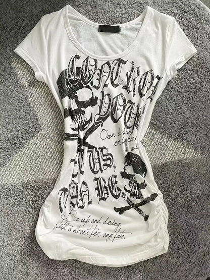 Y2K Women’s Gothic Grunge Crop Top – Vintage Punk Print Slim Fit Streetwear T-Shirt 2000s Retro Style