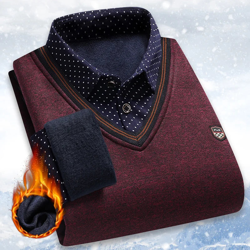 Men's Vintage Plaid Knit Sweater - Warm Fleece Polo Collar Winter Pullover