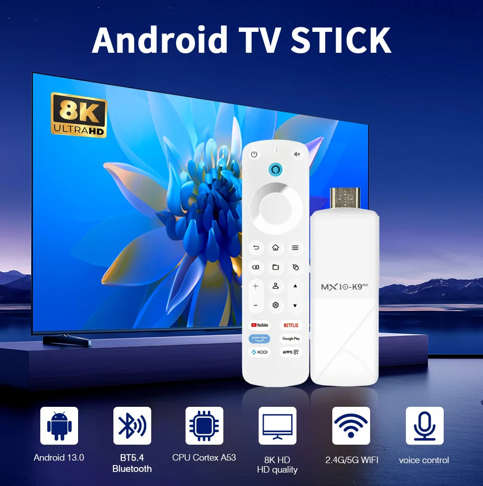 MX10 K9 PRO TV Stick – Android 13, 8K/4K Support, WiFi 6, Allwinner H618 Quad-Core, Voice Remote Smart TV Box
