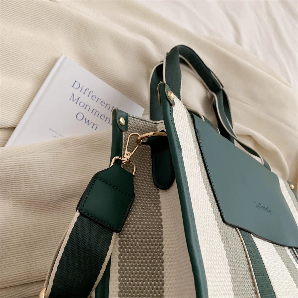 MOODS Quality Canvas Tote Bag for Women 2023 – Luxury Designer Handbag, Contrast Color Striped, Big Shoulder Crossbody Shopper Totes