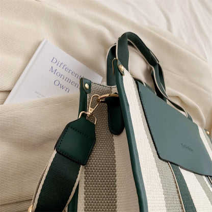 MOODS Quality Canvas Tote Bag for Women 2023 – Luxury Designer Handbag, Contrast Color Striped, Big Shoulder Crossbody Shopper Totes