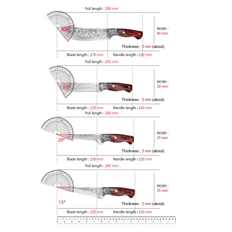 Kitchen Boning Knife Set - Stainless Steel Chef's Meat Cleaver, Butcher Knife, and Fruit Paring Knife with Wood Handle for Cutting Meat, Pork, Beef, and Fish