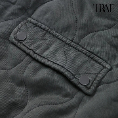 TRAF Women’s Quilted Aviator Jacket – Solid Color Round Collar Long Sleeve Casual Coat