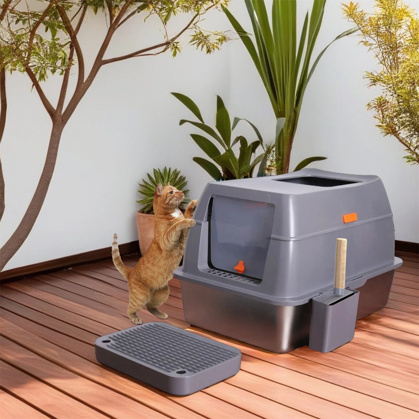 Extra Large Enclosed Stainless Steel Cat Litter Box with Lid – High Wall Metal Litter Pan for Big Cats