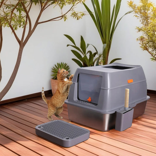 Extra Large Enclosed Stainless Steel Cat Litter Box with Lid – High Wall Metal Litter Pan for Big Cats