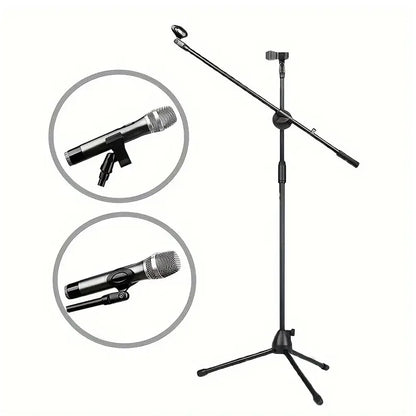 Adjustable Tripod Microphone Stand – Boom Mic Stand with Dual Mic Clip Holder, Collapsible Studio Mic Bracket for Recording & Live Use