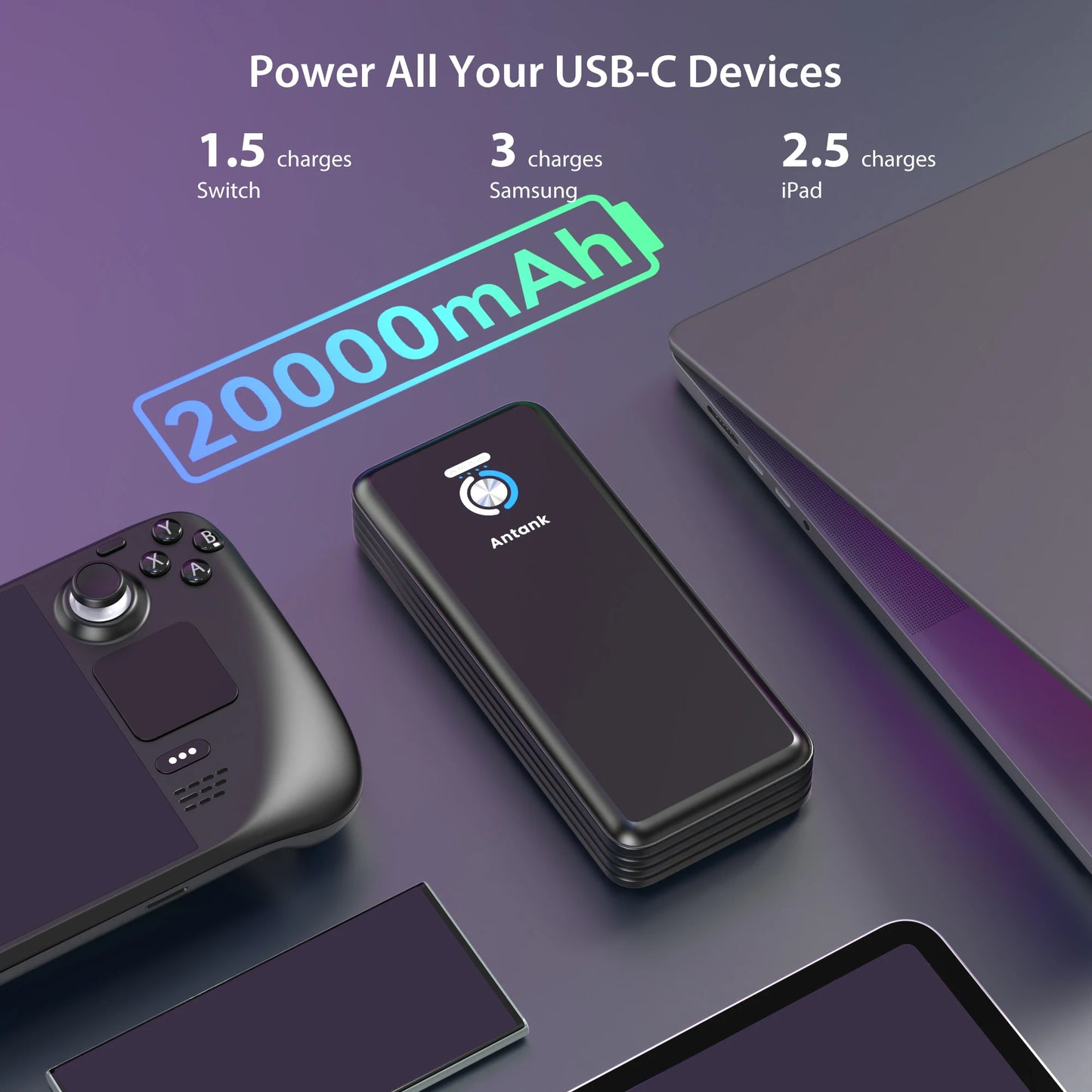 Antank Magnetic Power Bank for Steam Deck — 16,000mAh 45W PD Fast Charging Detachable Battery with Dual USB Cables