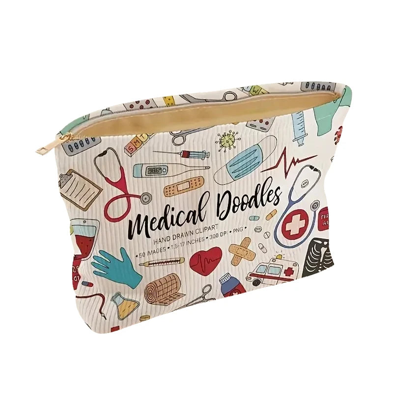 Medical Graffiti Corduroy Makeup Bag – Lightweight Zipper Storage Pouch with Lining