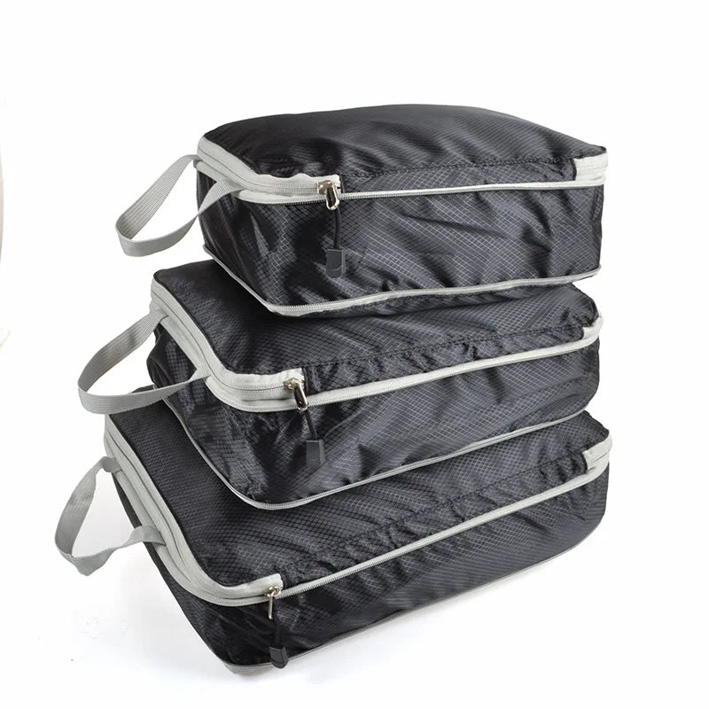 3-Piece Compressible Waterproof Nylon Packing Cubes Set – Portable Travel Storage Bags with Handbag Luggage Organizer