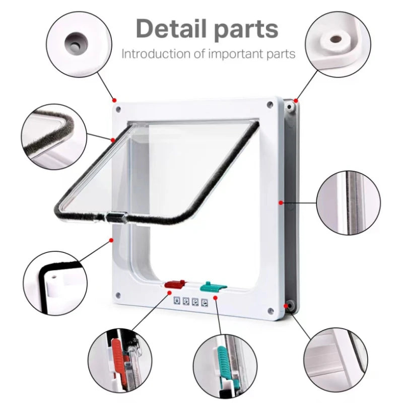 4 Way Security Lock Cat Flap Door: Controllable Switch, Transparent ABS Plastic Gate - Puppy Kitten Safety In&Out Pet Doors Kit