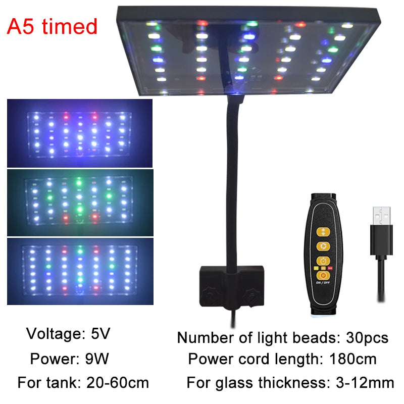 USB Aquarium LED Grow Light – Full Spectrum Fish Tank Lamp with Adjustable Brightness, Timer & 360° Rotatable Dimmable Clip Light