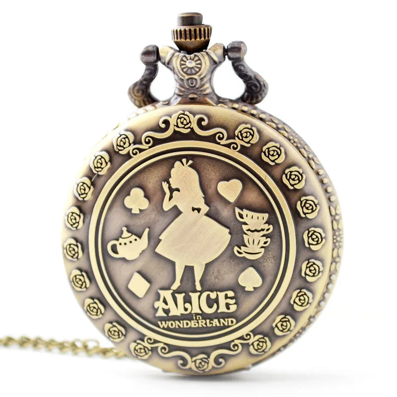 Disney Retro Alice in Wonderland Bronze Quartz Pocket Watch – Vintage Fob Watch Christmas & Birthday Gift