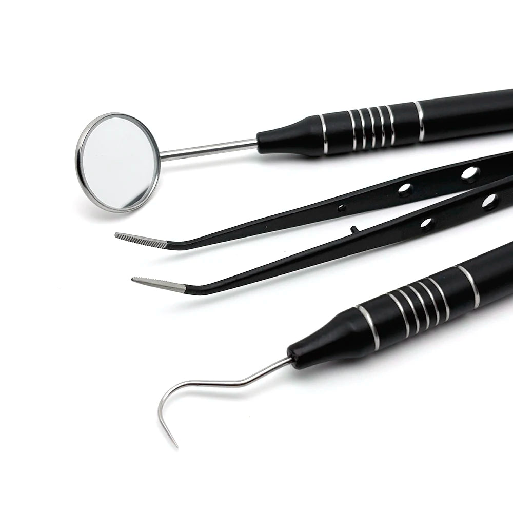 3pcs Dental Mouth Mirror Tweezers & Curved Probe Kit – Stainless Steel Oral Cleaning Instruments