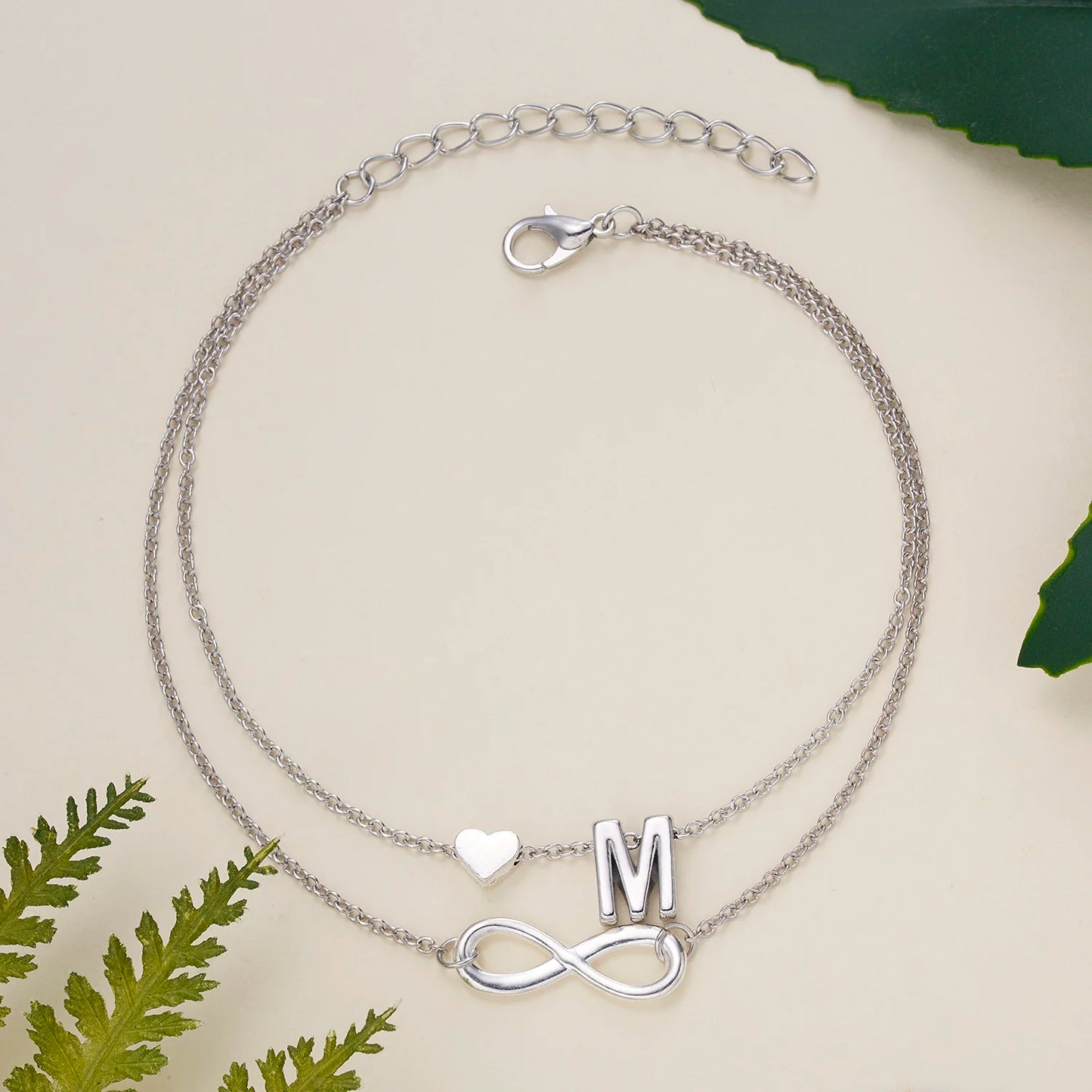 Bohemia A-Z Letter Initial Anklet for Women - Silver Heart Initial Anklet Bracelet, Beach Party & Travel Foot Jewelry