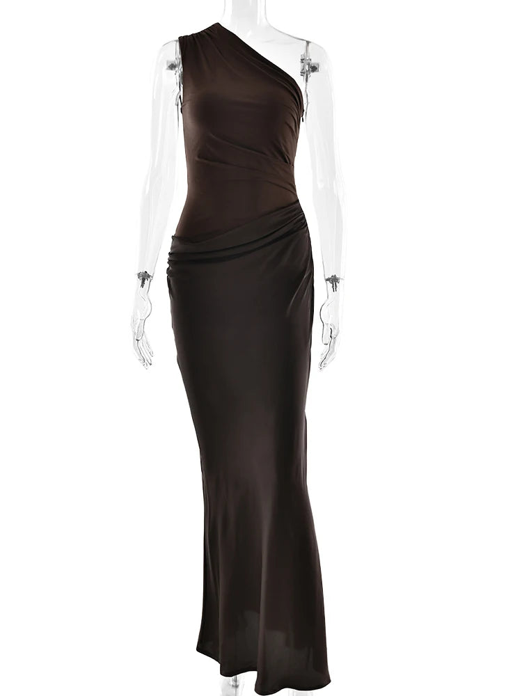 JULISSA MO Women’s Patchwork Satin Maxi Dress – Sexy One-Shoulder Brown Sleeveless Evening Party & Clubwear Dress