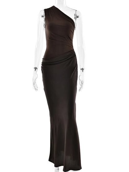 JULISSA MO Women’s Patchwork Satin Maxi Dress – Sexy One-Shoulder Brown Sleeveless Evening Party & Clubwear Dress