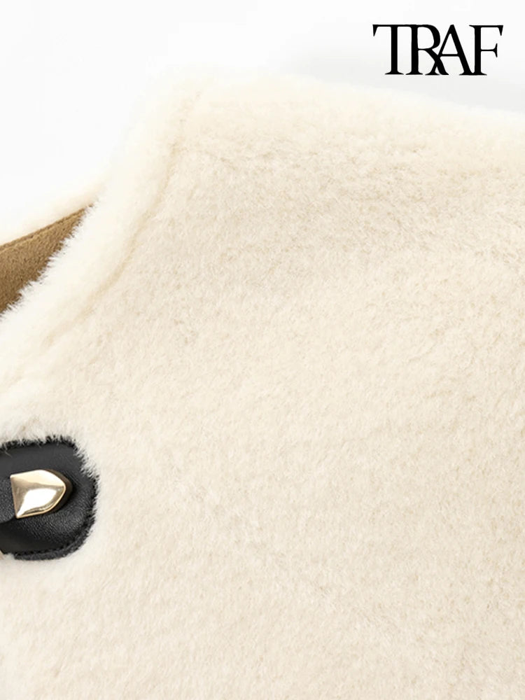 TRAF Women’s Thick Warm Faux Fur Jacket – Long Sleeve Coat with Front Toggle, Chic Fashion Outerwear