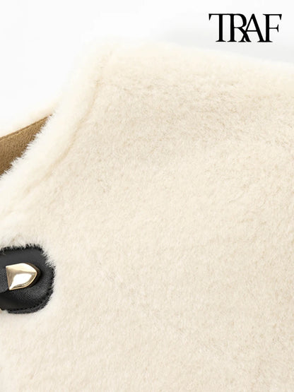 TRAF Women’s Thick Warm Faux Fur Jacket – Long Sleeve Coat with Front Toggle, Chic Fashion Outerwear