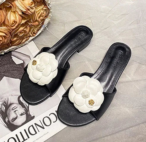 Luxury Women’s Flower Slippers — Camellia Open-Toe Slides for Home & Outdoor, Ladies Flip Flop Sandals