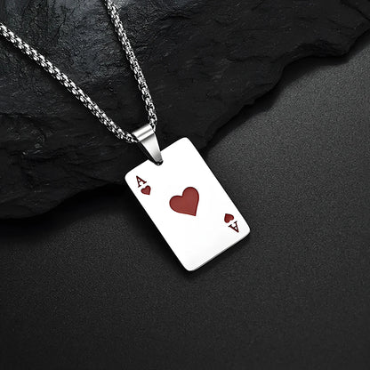 Hip Hop Poker Card Necklace – Stainless Steel Ace of Spades & Hearts Pendant Chain for Men